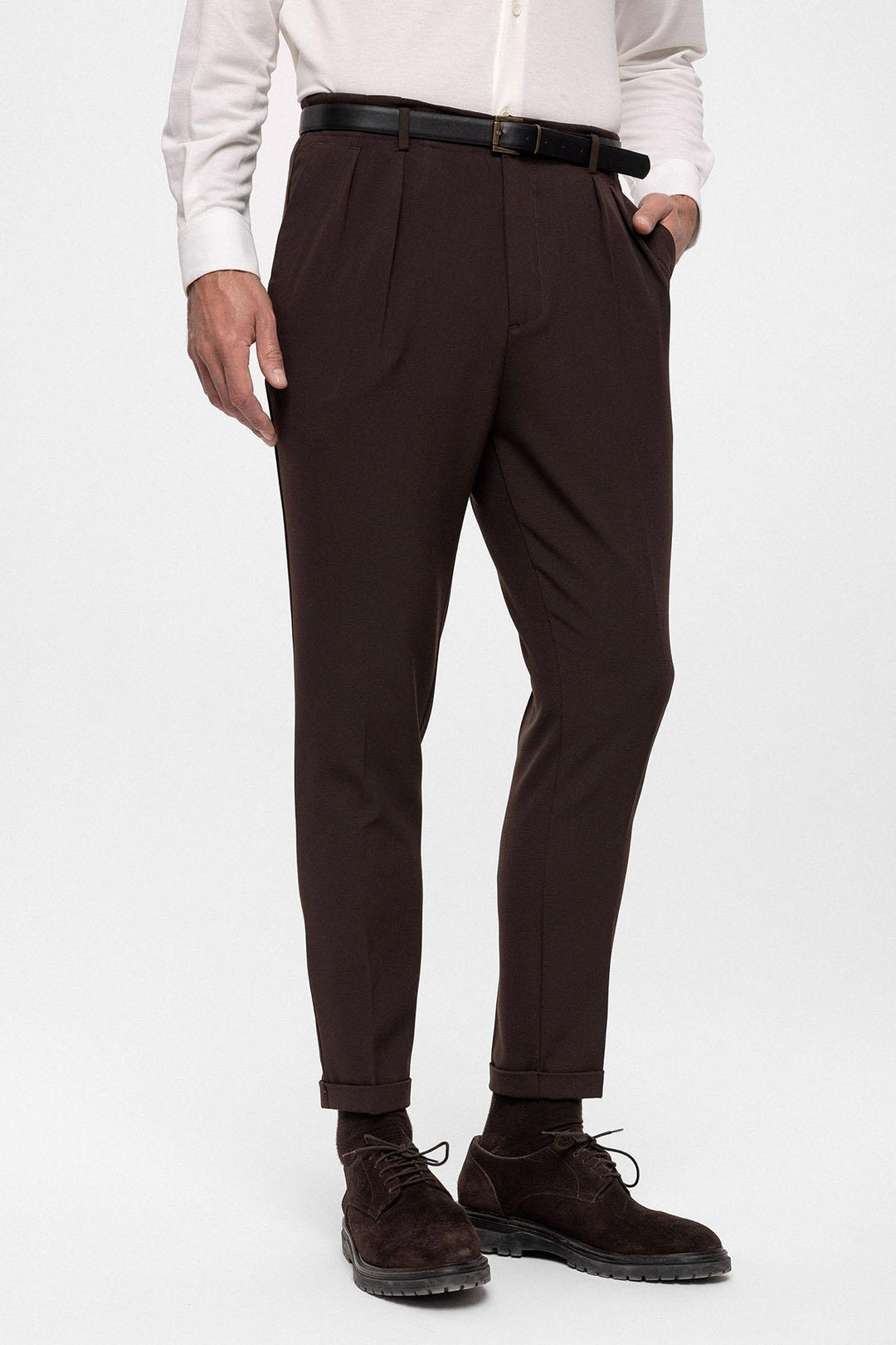 Pantalon Homme Marron Foncé Taille Haute Ceinturé - Wessi