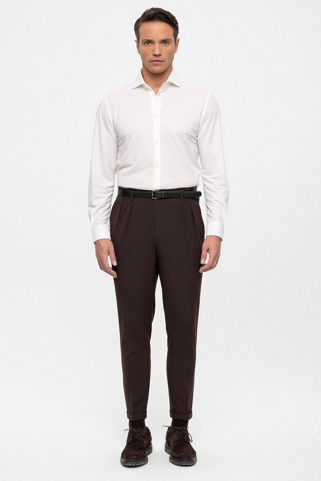 Pantalon Homme Marron Foncé Taille Haute Ceinturé - Wessi