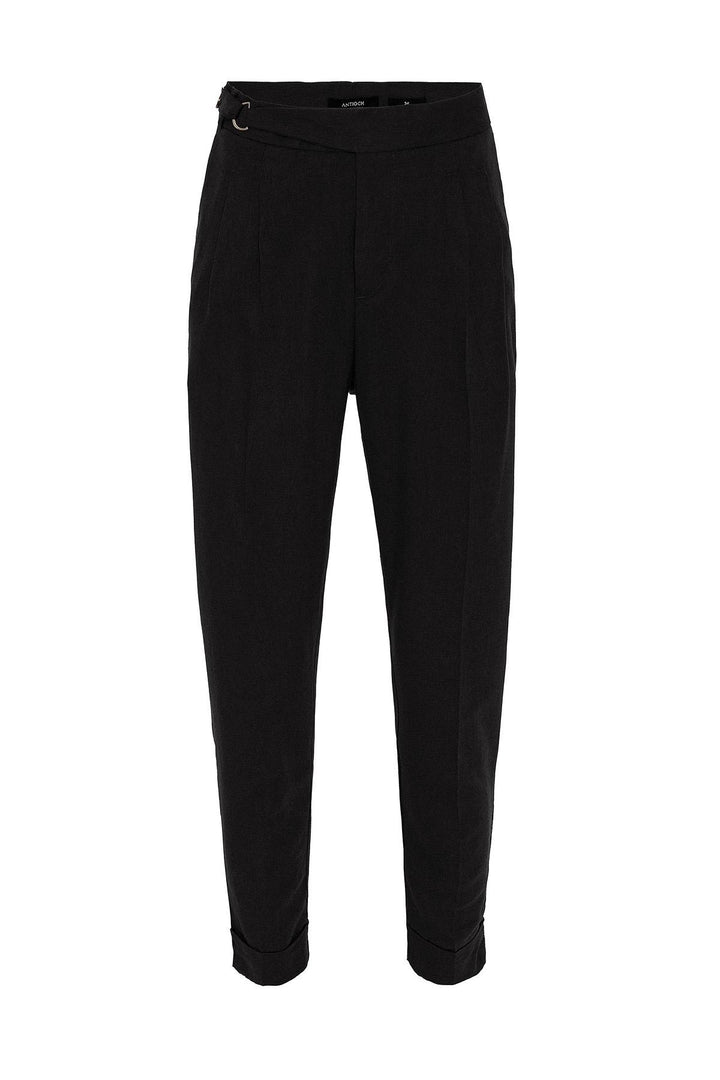 Men's Black High Waist Linen Blend Pleated  Trousers - Wessi