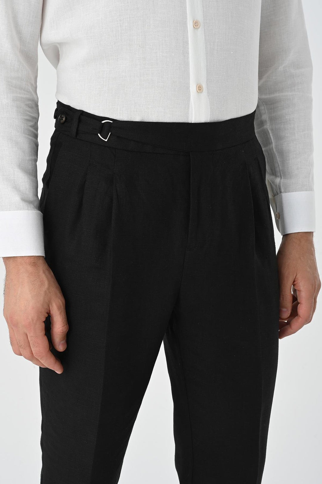 Men's Black High Waist Linen Blend Pleated  Trousers - Wessi