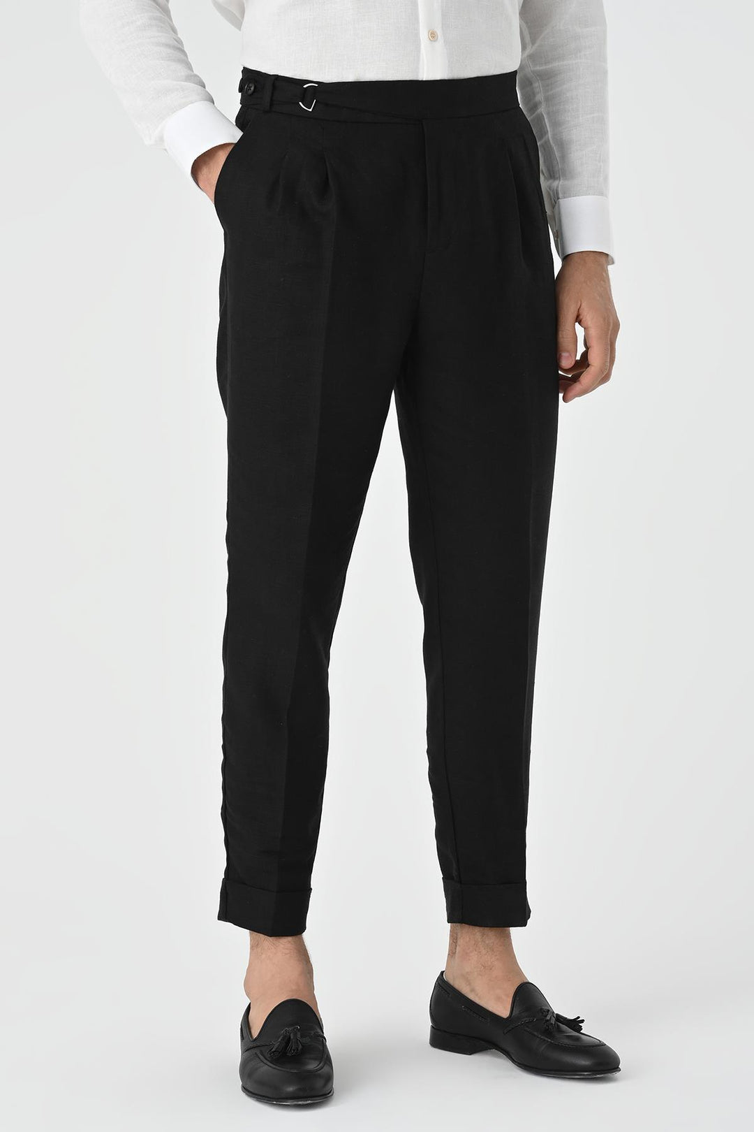 Men's Black High Waist Linen Blend Pleated  Trousers - Wessi