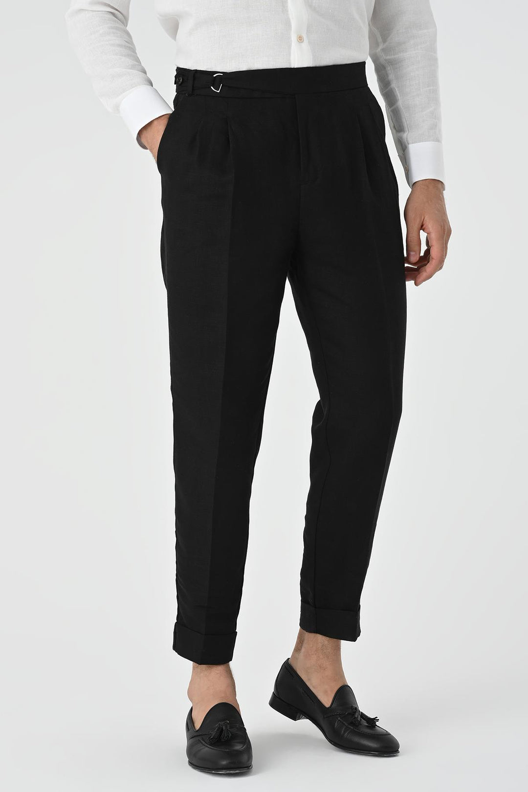 Men's Black High Waist Linen Blend Pleated  Trousers - Wessi