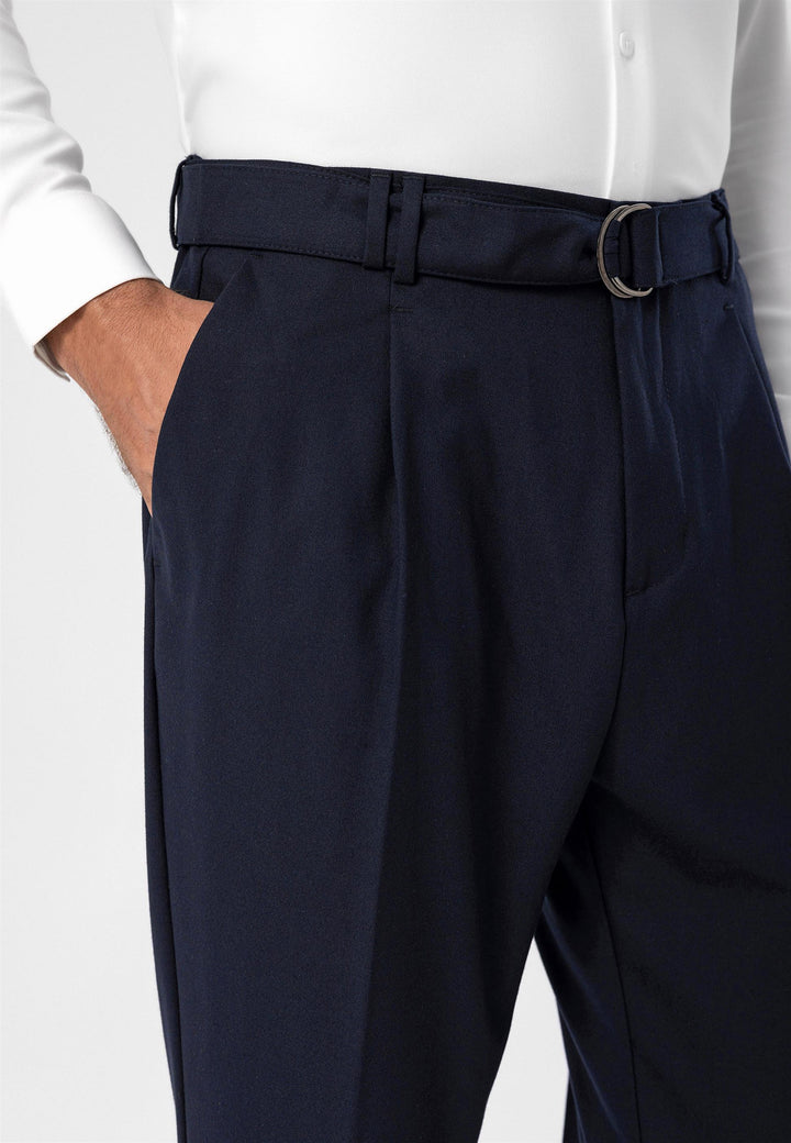 Men's Navy Blue High Waist Girdle Closure  Trousers - Wessi