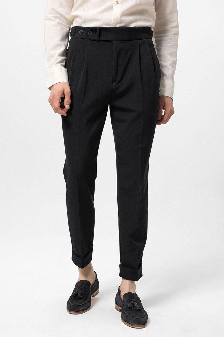 Men's Black High Waist Pleated Carrot Fit  Trousers - Wessi