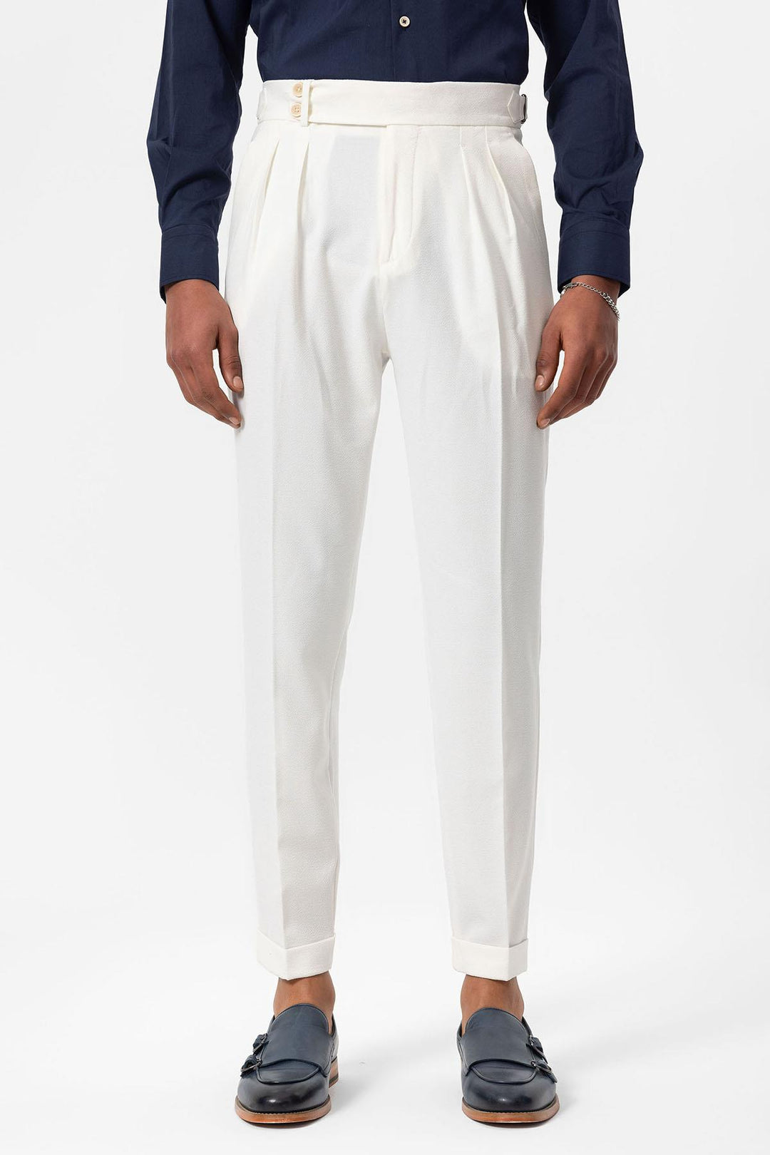 Pantalon Texturé Plissé Taille Haute Blanc Homme - Wessi