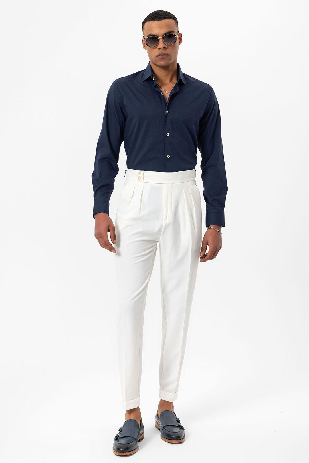 Pantalon Texturé Plissé Taille Haute Blanc Homme - Wessi