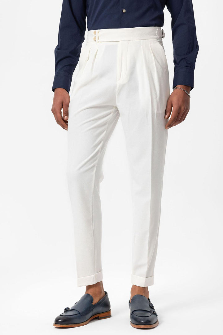 Pantalon Texturé Plissé Taille Haute Blanc Homme - Wessi