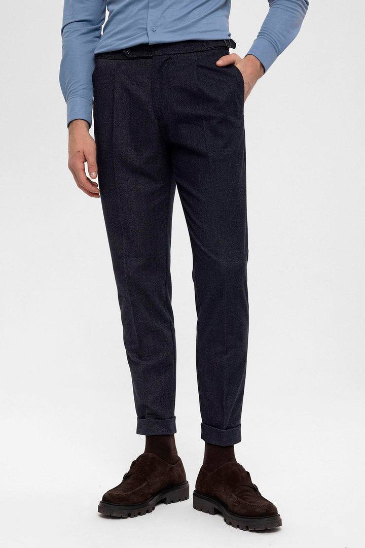 Men's Navy Blue High Waist Pleated  Trousers - Wessi