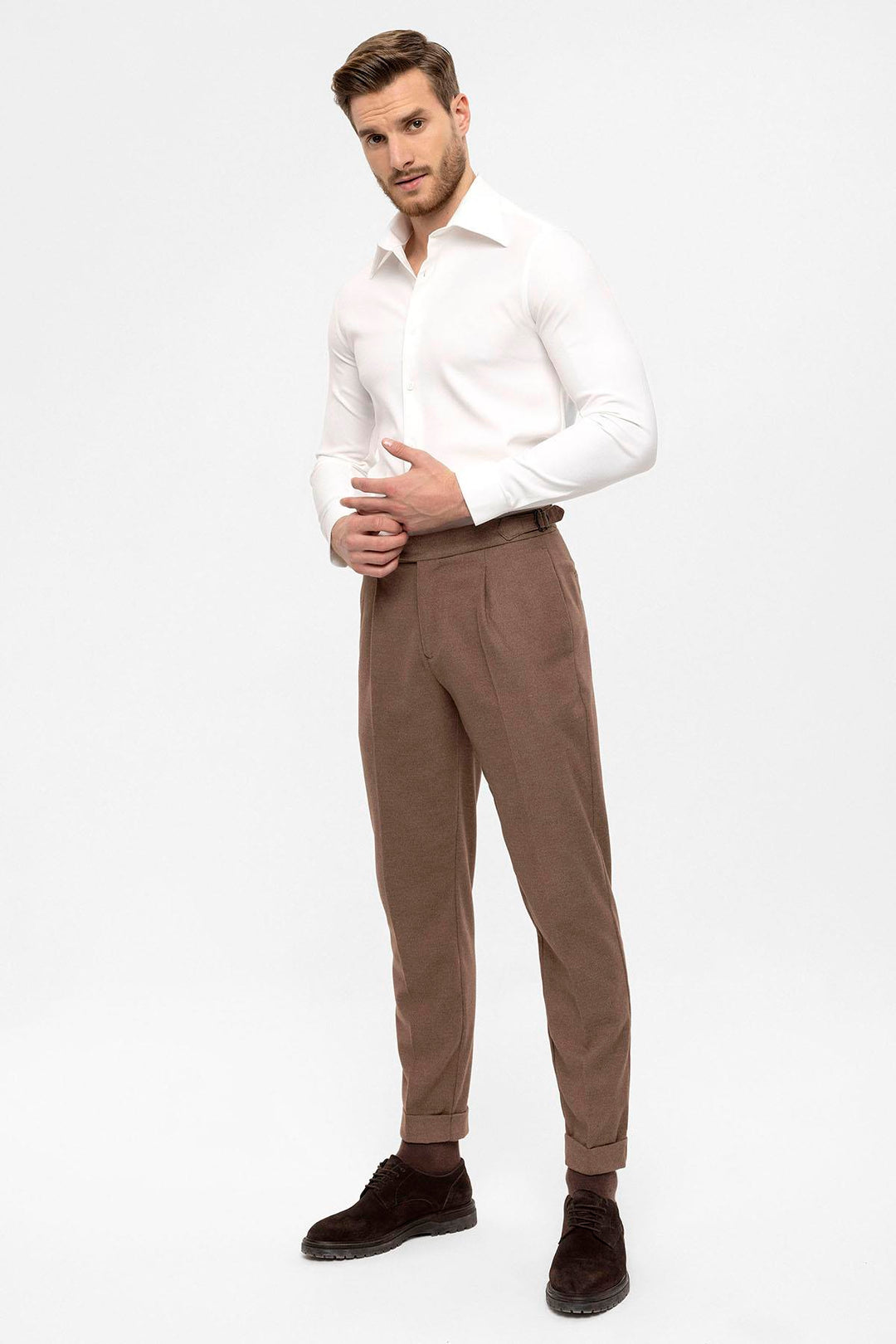 Pantalon Plissé Taille Haute Marron Homme - Wessi