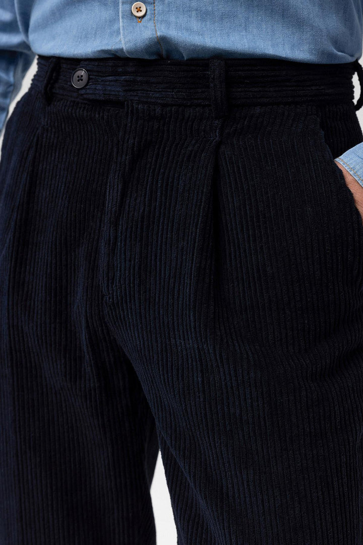 Men's Navy Blue High Waist Pleated Velvet  Trousers - Wessi