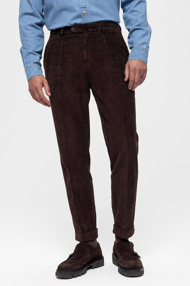 Pantalon Homme Marron Foncé Taille Haute Plissé en Velours - Wessi