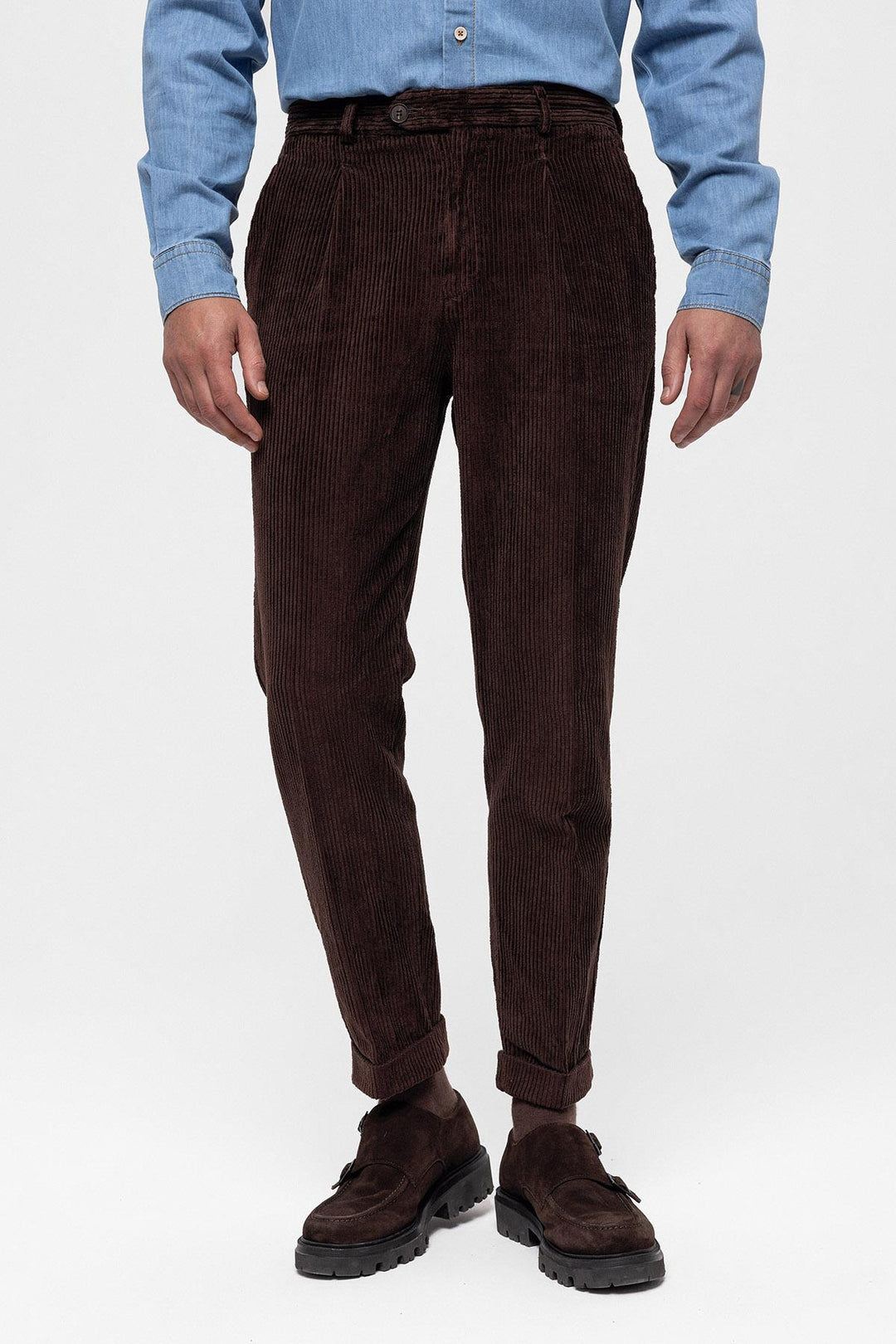 Pantalon Homme Marron Foncé Taille Haute Plissé en Velours - Wessi