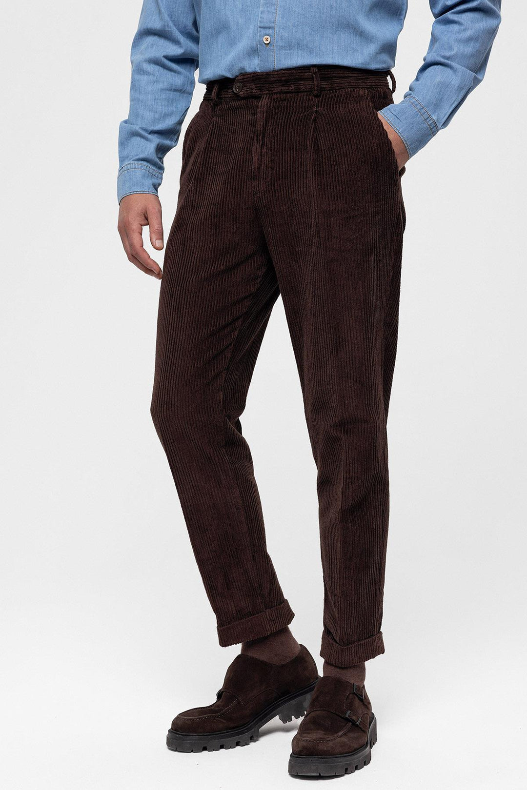 Pantalon Homme Marron Foncé Taille Haute Plissé en Velours - Wessi