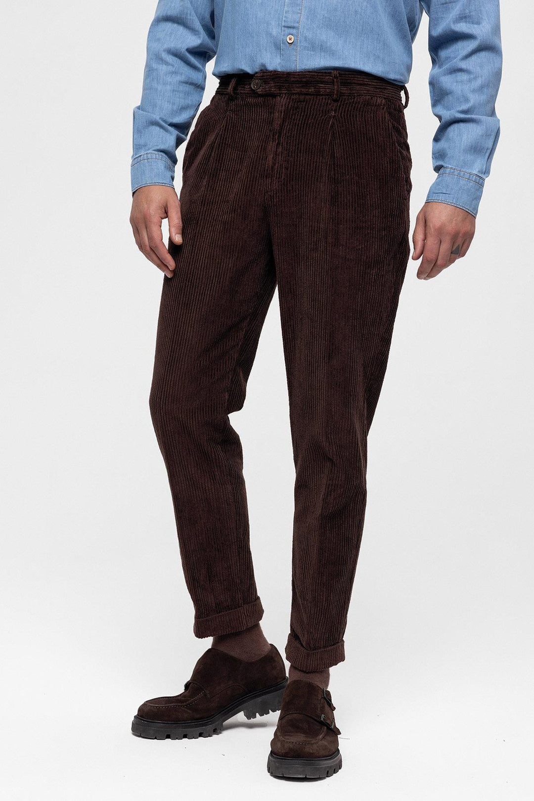 Pantalon Homme Marron Foncé Taille Haute Plissé en Velours - Wessi