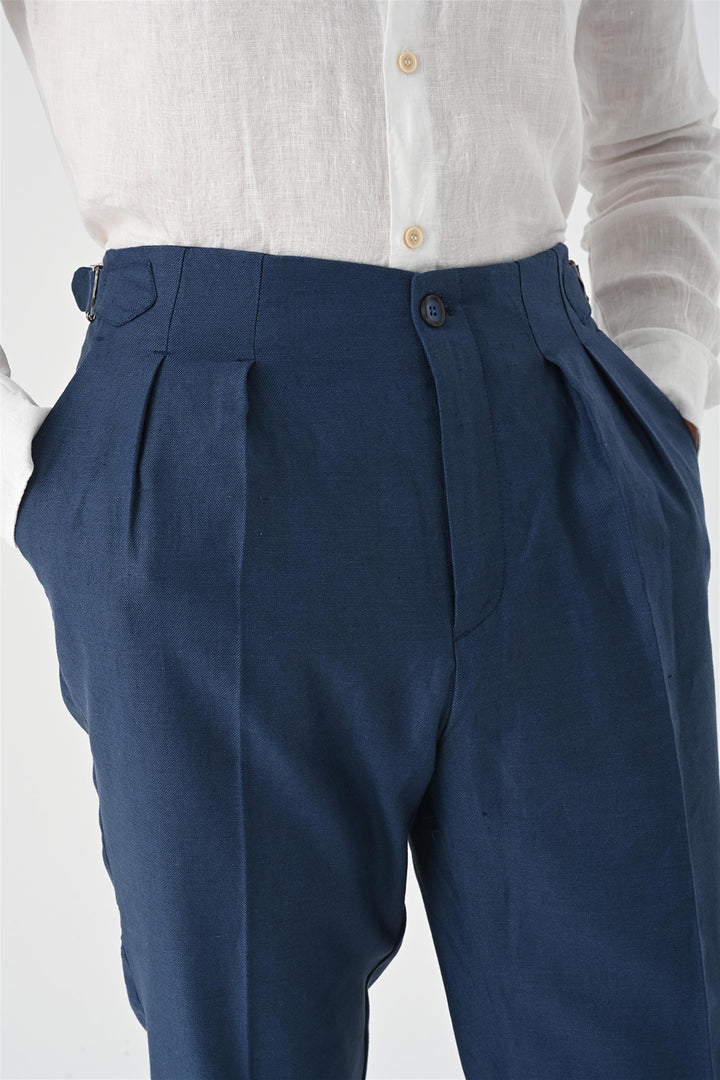 Men's Indigo High Waist Pleated Linen  Trousers - Wessi