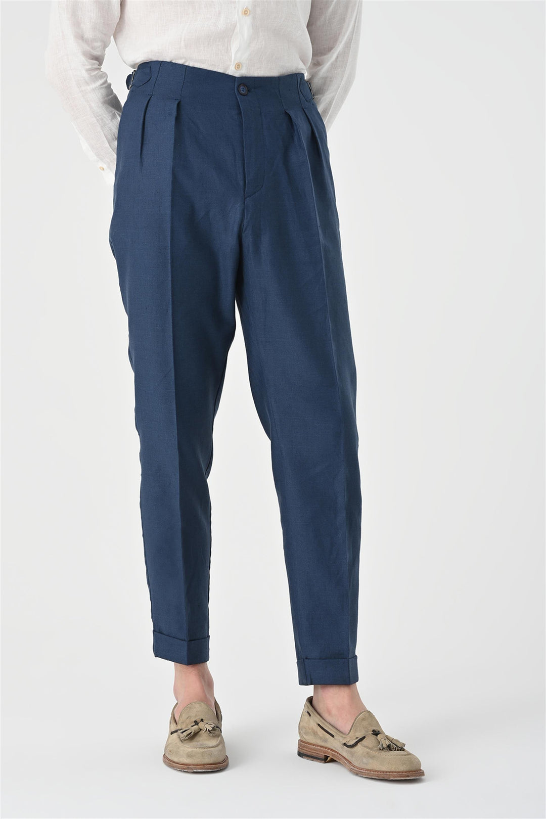 Men's Indigo High Waist Pleated Linen  Trousers - Wessi