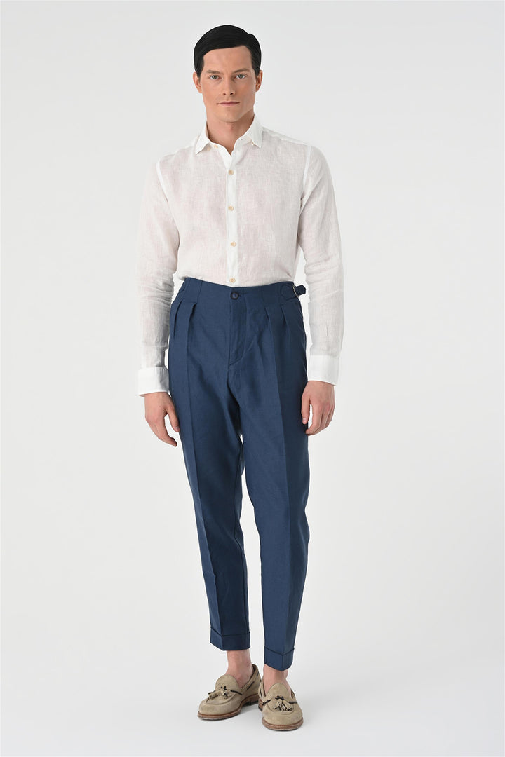 Men's Indigo High Waist Pleated Linen  Trousers - Wessi