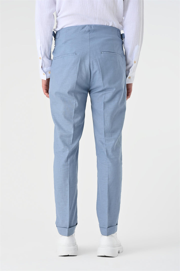 Men's Blue High Waist Pleated Linen  Trousers - Wessi