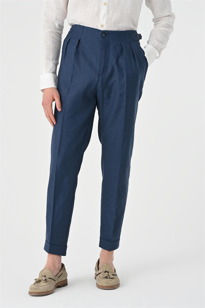 Men's Indigo High Waist Pleated Linen  Trousers - Wessi