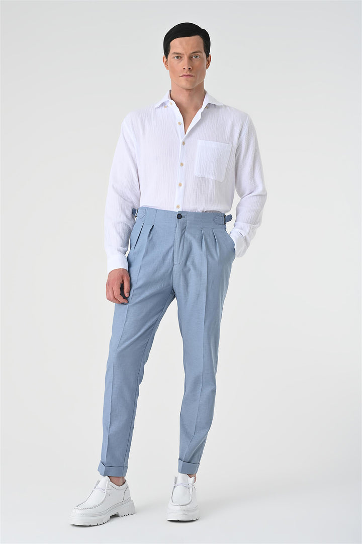 Men's Blue High Waist Pleated Linen  Trousers - Wessi