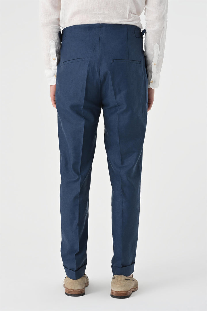 Men's Indigo High Waist Pleated Linen  Trousers - Wessi