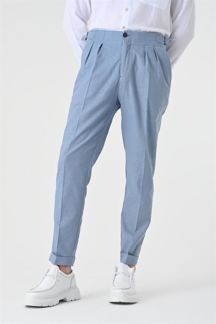 Men's Blue High Waist Pleated Linen  Trousers - Wessi