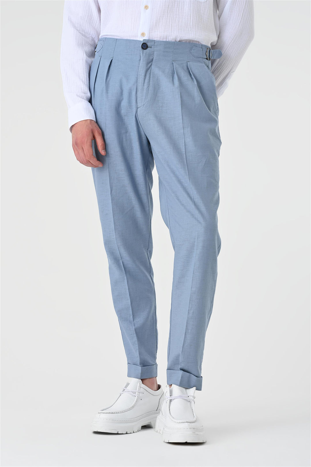 Pantalón de hombre de lino plisado de talle alto azul - Wessi