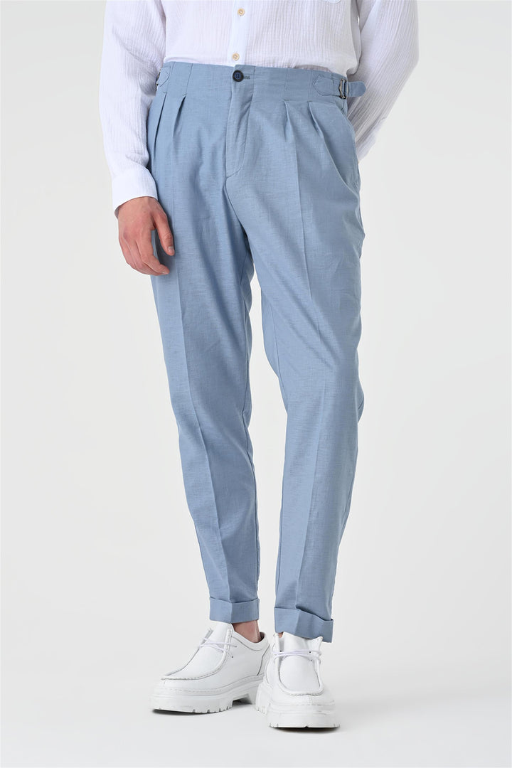 Men's Blue High Waist Pleated Linen  Trousers - Wessi