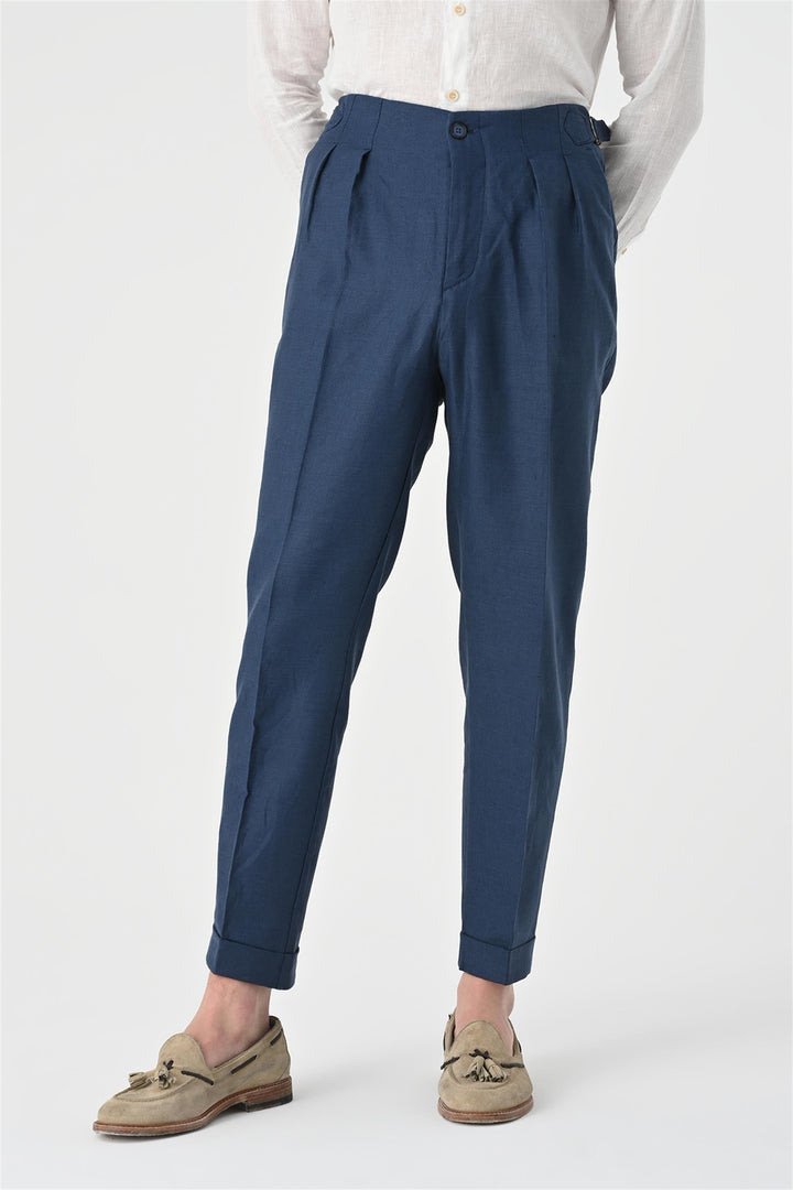 Men's Indigo High Waist Pleated Linen  Trousers - Wessi