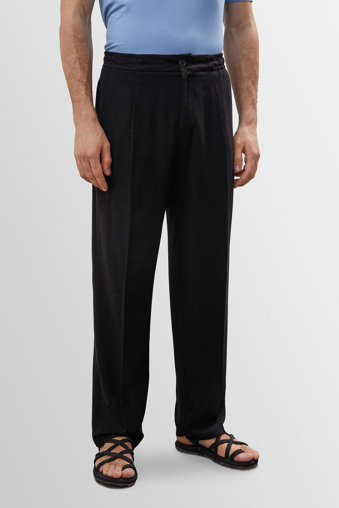 Men's Black High Waist Pleated Linen Blend  Trousers - Wessi