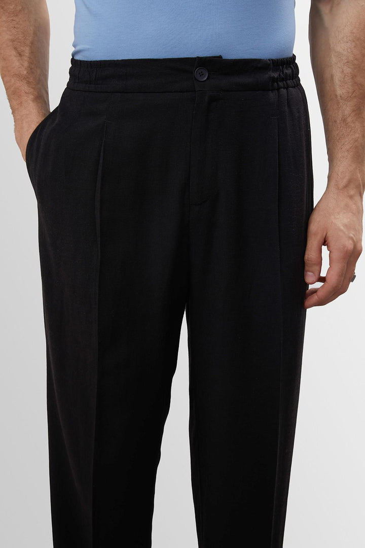 Men's Black High Waist Pleated Linen Blend  Trousers - Wessi