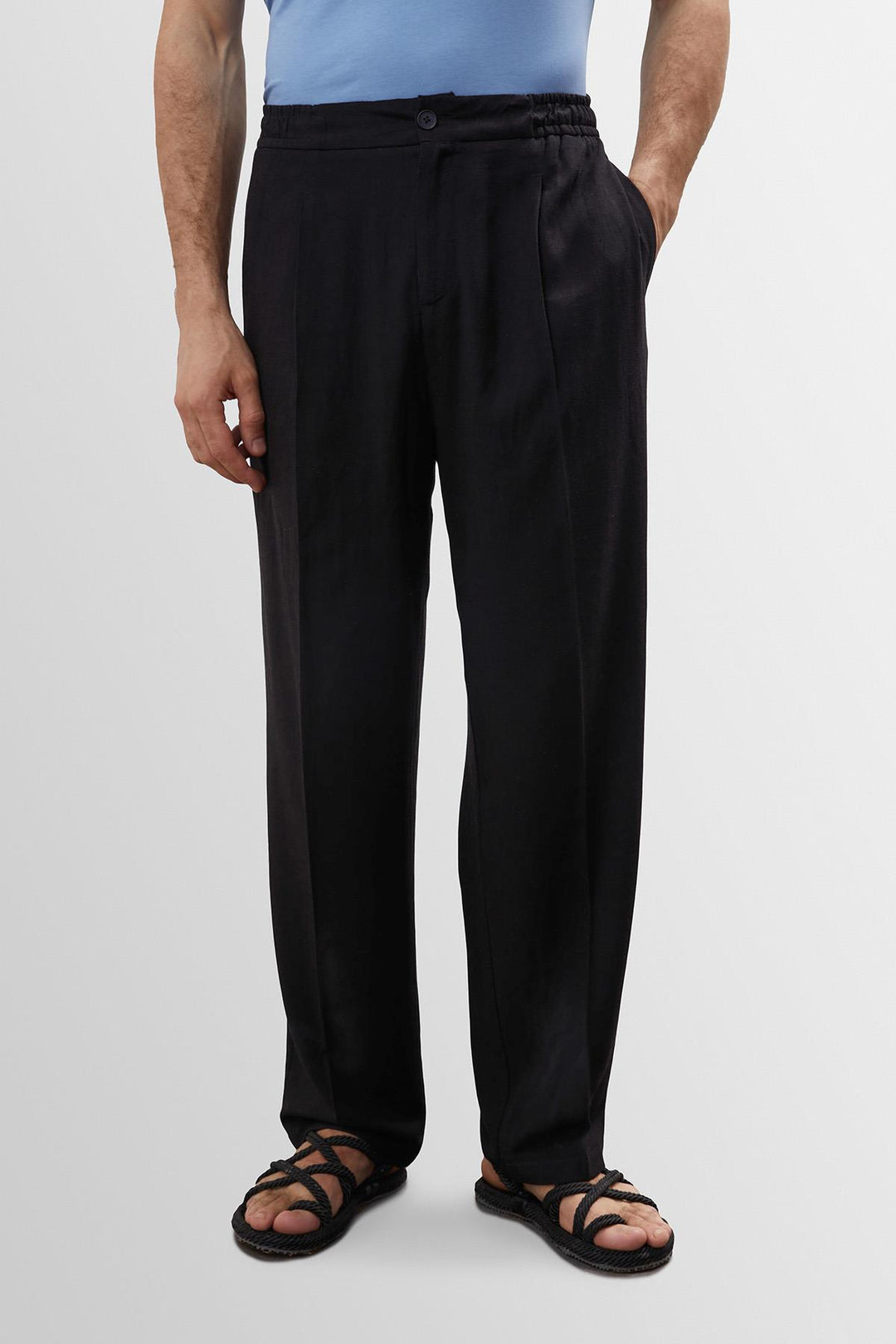 Men's Black High Waist Pleated Linen Blend  Trousers - Wessi