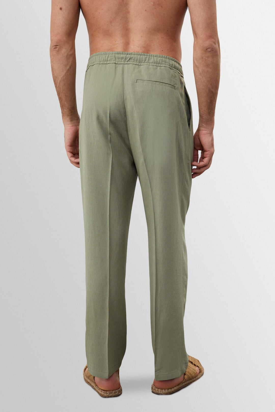 Men's Light Khaki High Waist Pleated Linen Blend  Trousers - Wessi