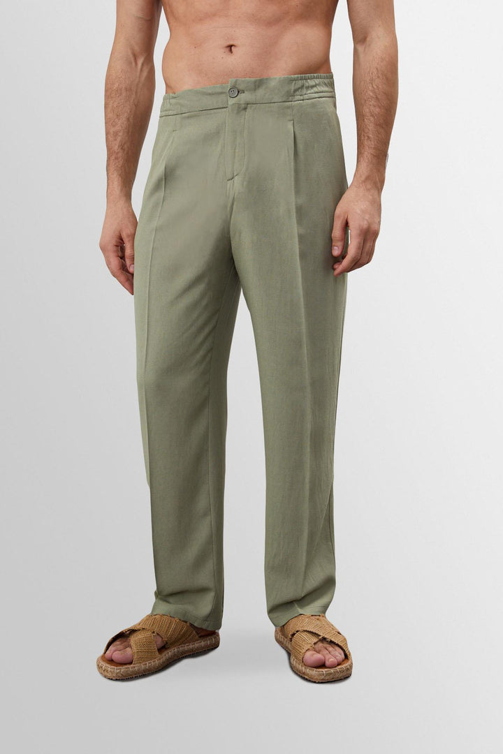 Men's Light Khaki High Waist Pleated Linen Blend  Trousers - Wessi