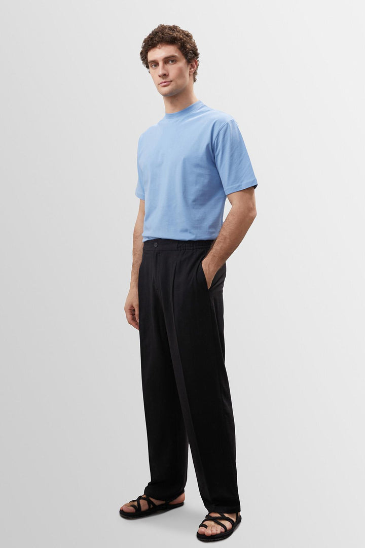 Men's Black High Waist Pleated Linen Blend  Trousers - Wessi