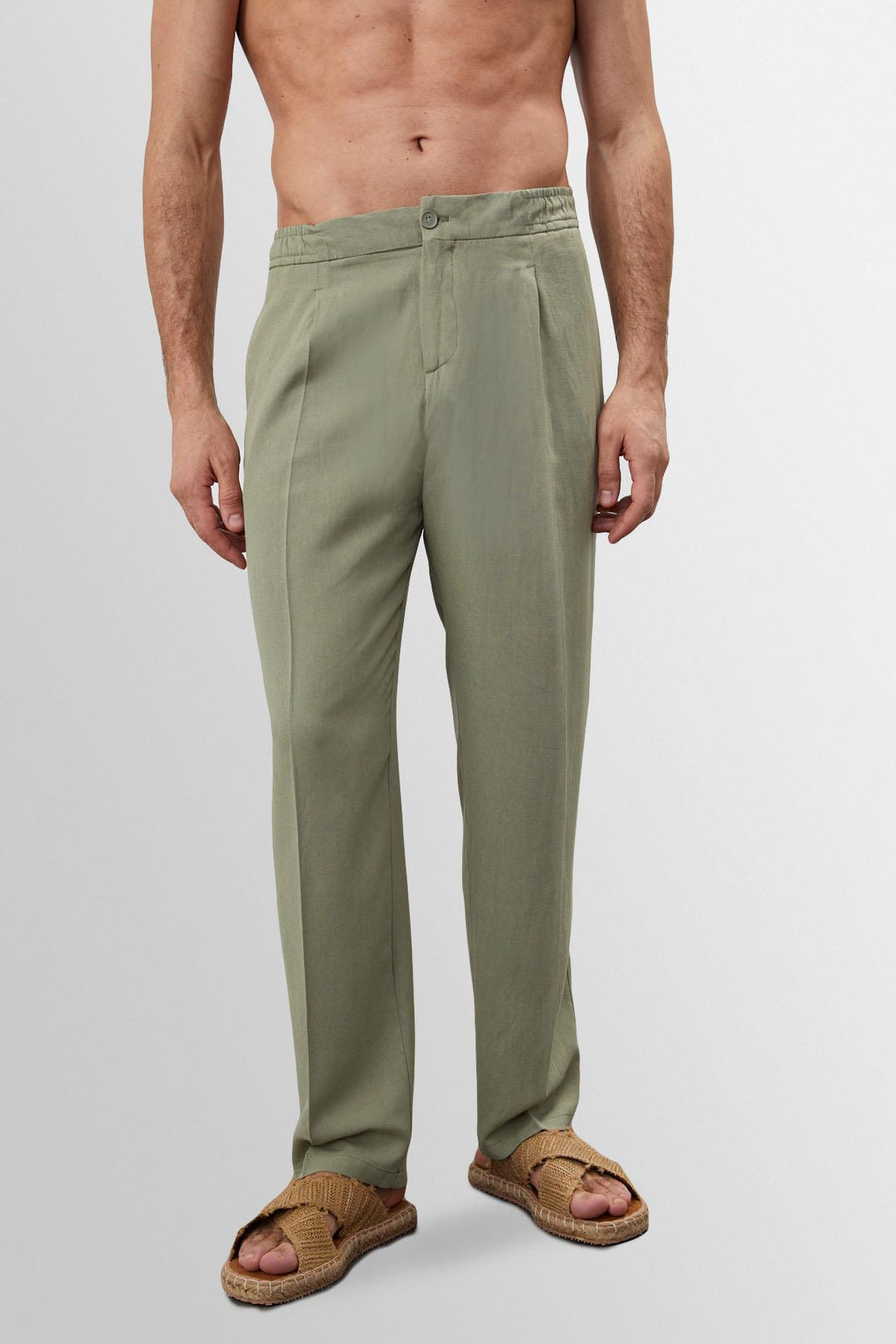 Men's Light Khaki High Waist Pleated Linen Blend  Trousers - Wessi