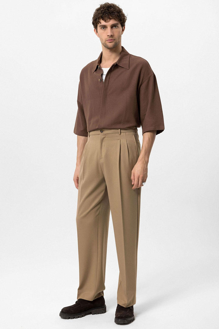 Pantalon Homme Camel Taille Haute Plissé Coupe Confortable - Wessi