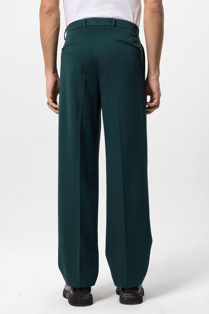 Pantalón de corte cómodo y plisado de cintura alta esmeralda para hombre - Wessi