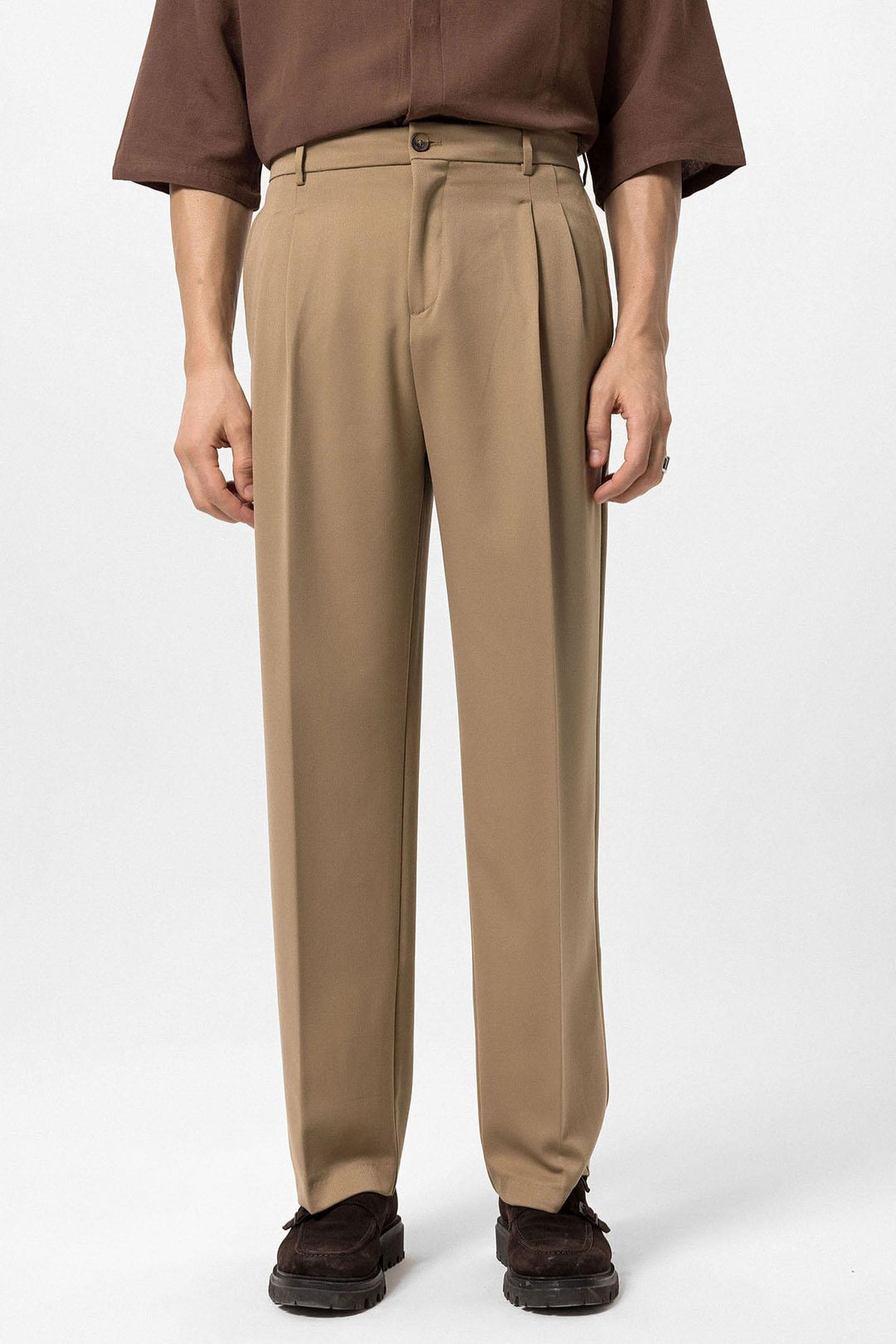 Pantalon Homme Camel Taille Haute Plissé Coupe Confortable - Wessi