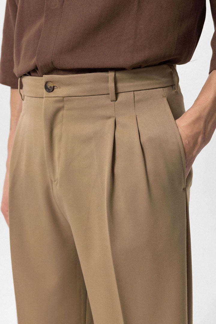 Pantalon Homme Camel Taille Haute Plissé Coupe Confortable - Wessi