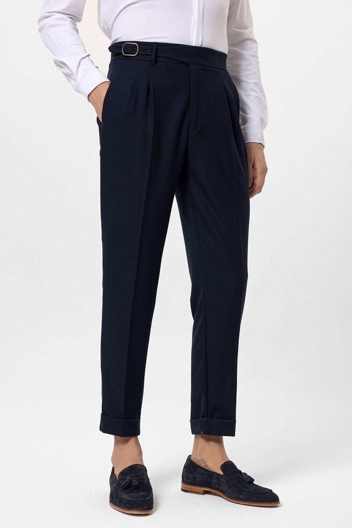 Men's Navy Blue High-Waisted Pleated Buckle Detail Pants - Wessi