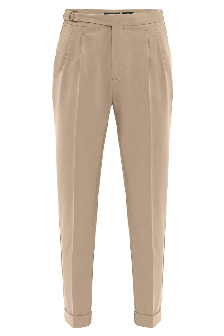 Men's Beige High-Waisted Belted Pleated  Pants - Wessi