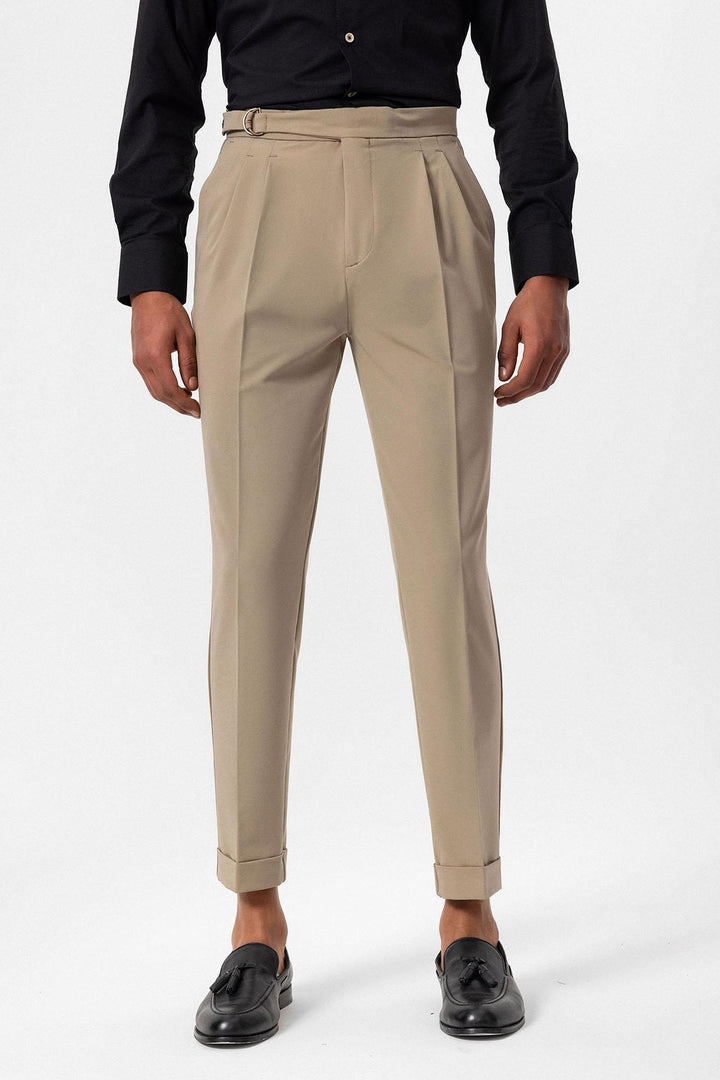 Men's Beige High-Waisted Belted Pleated  Pants - Wessi