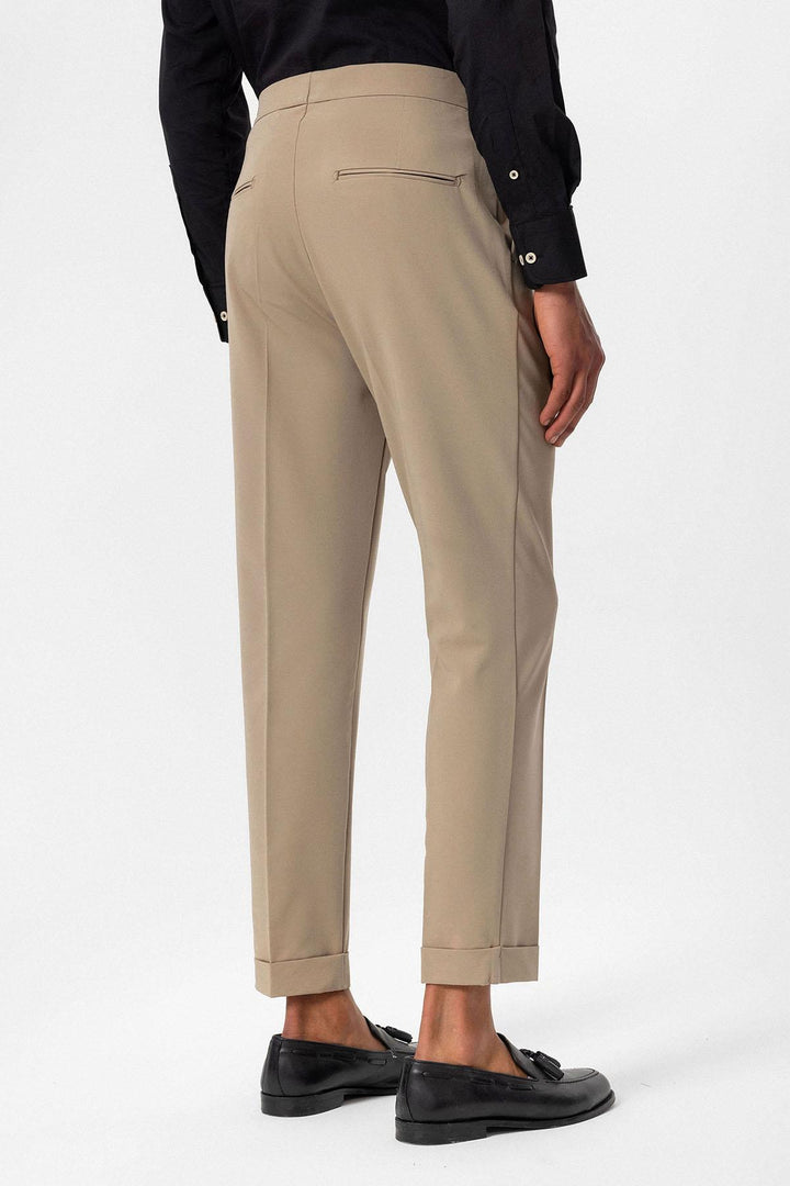 Men's Beige High-Waisted Belted Pleated  Pants - Wessi