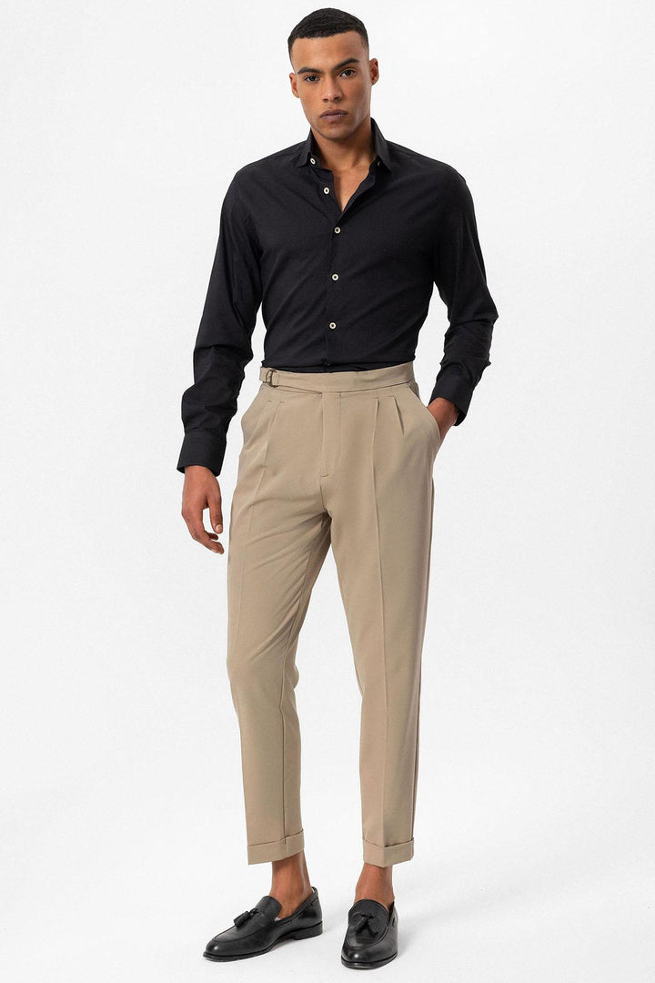 Men's Beige High-Waisted Belted Pleated  Pants - Wessi