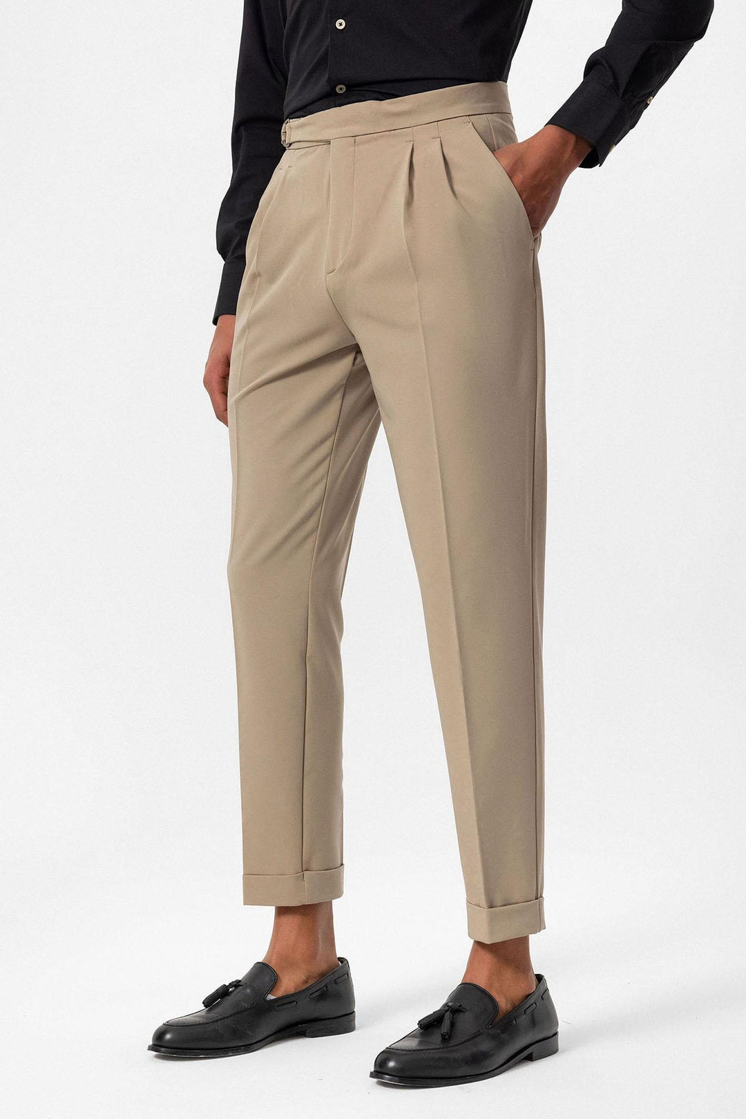 Men's Beige High-Waisted Belted Pleated  Pants - Wessi