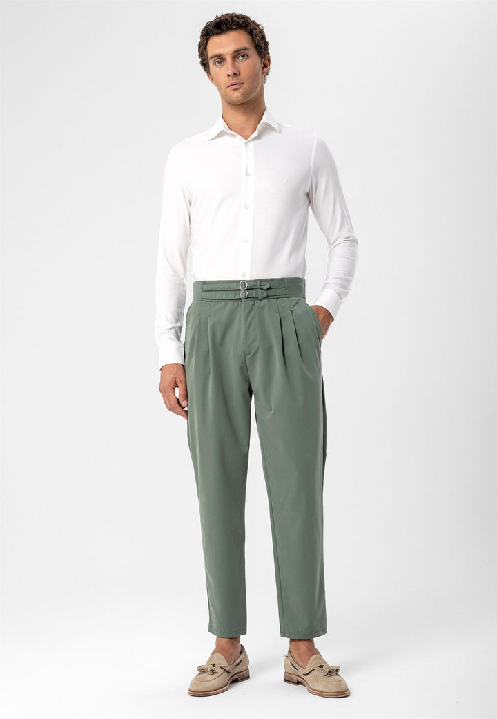 Men's Green High Waist Buckle Belt Pleated Fabric Trousers - Wessi