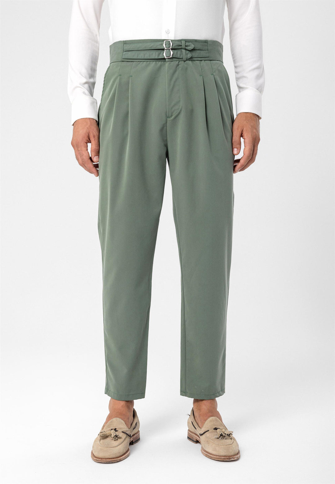 Men's Green High Waist Buckle Belt Pleated Fabric Trousers - Wessi