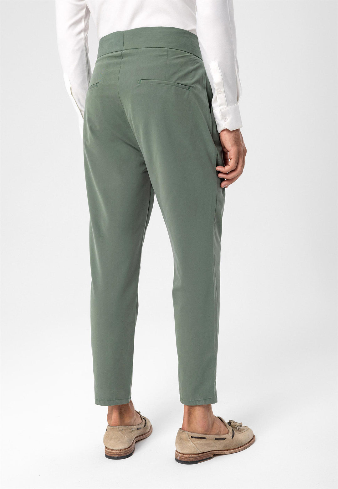 Men's Green High Waist Buckle Belt Pleated Fabric Trousers - Wessi