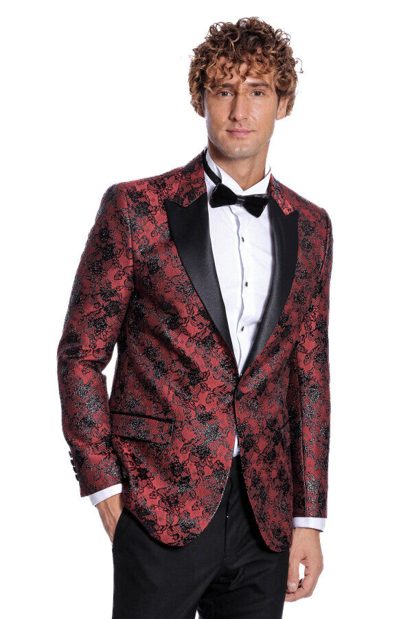 Floral Patterned Slim Fit Burgundy Men Prom Blazer Wessi